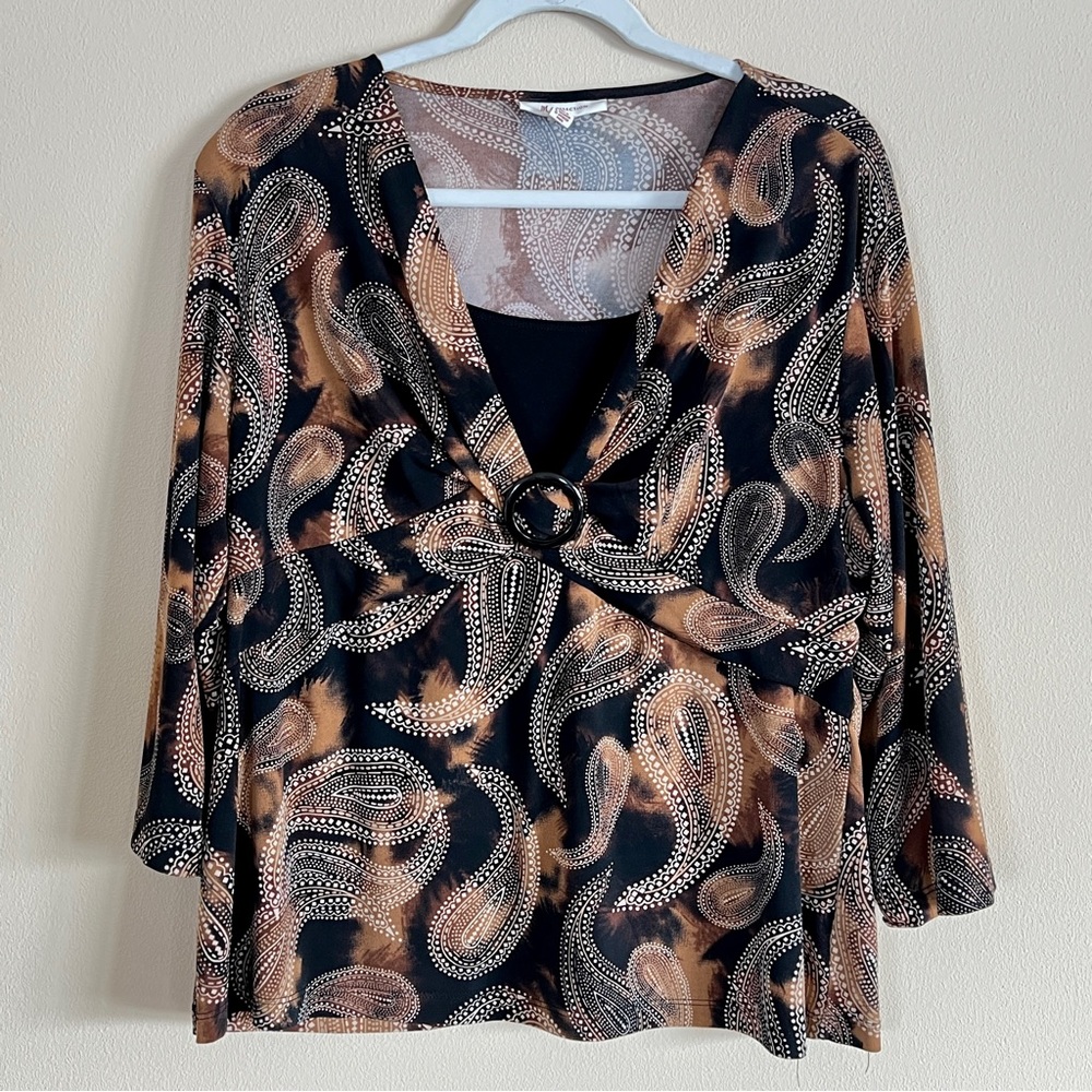 JM Collection Women's XL 3/4 Sleeve V Neck Faux Layered Top Paisley